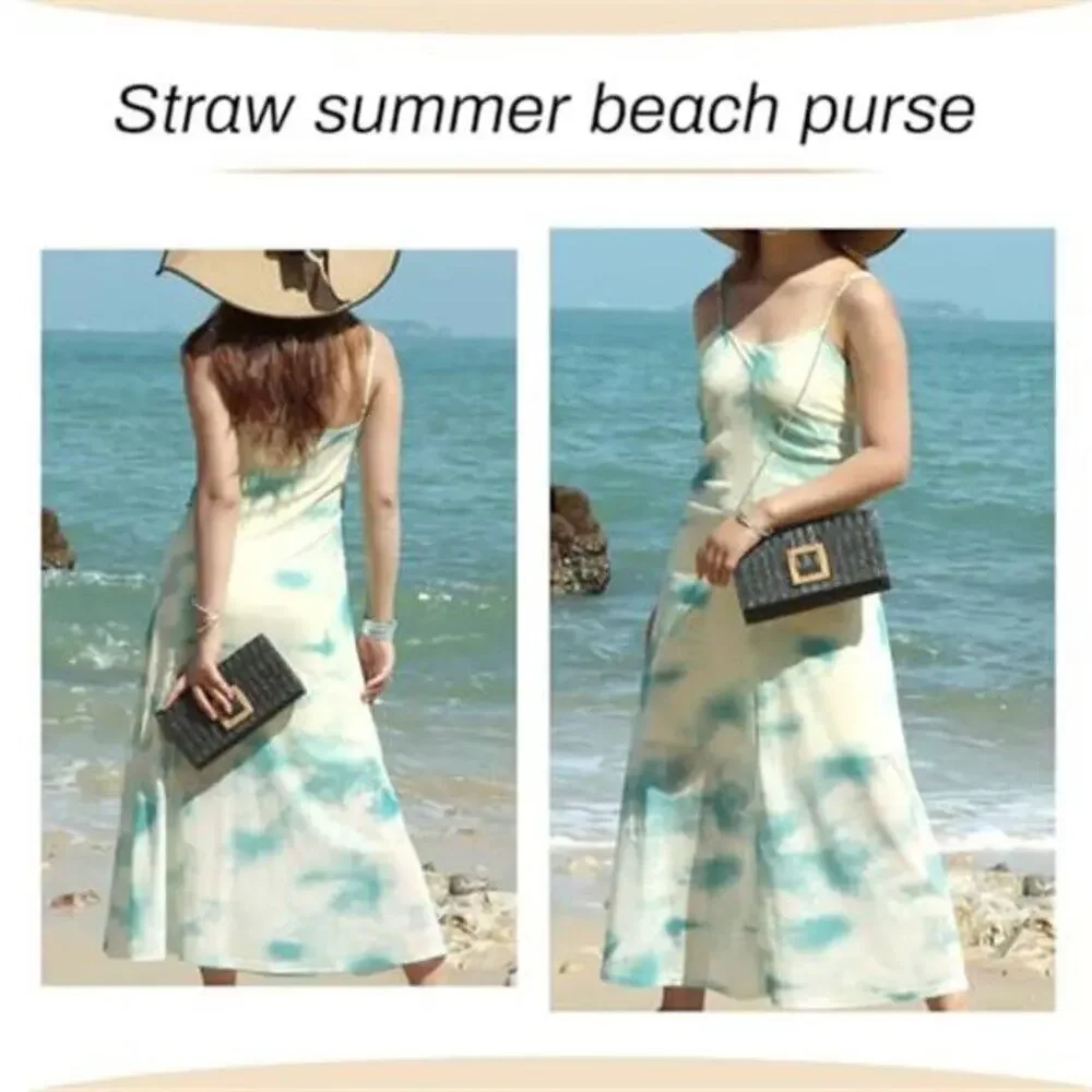 Woven Straw Clutch Purse Rattan Beach Evening Handbag Women Black